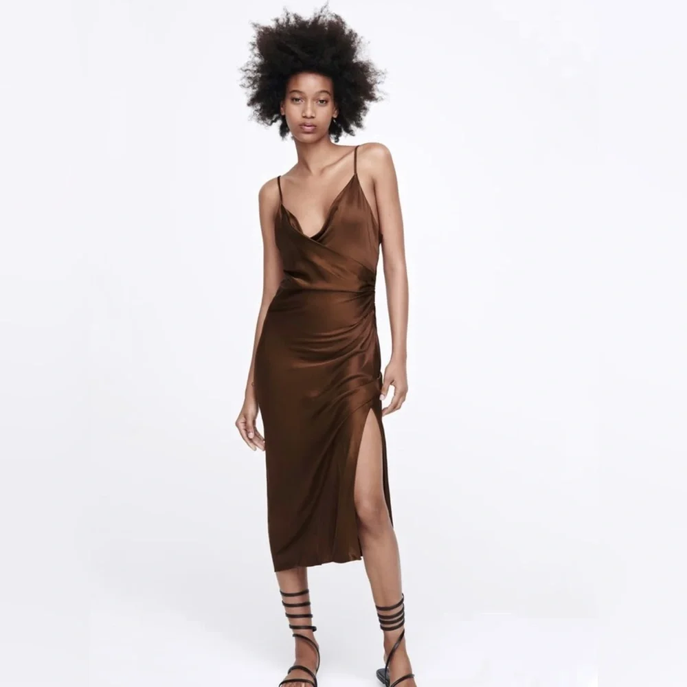 Zara satin effect midi brown dress